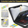 A black expanding file organizer with clear pockets and colorful labels for classification.