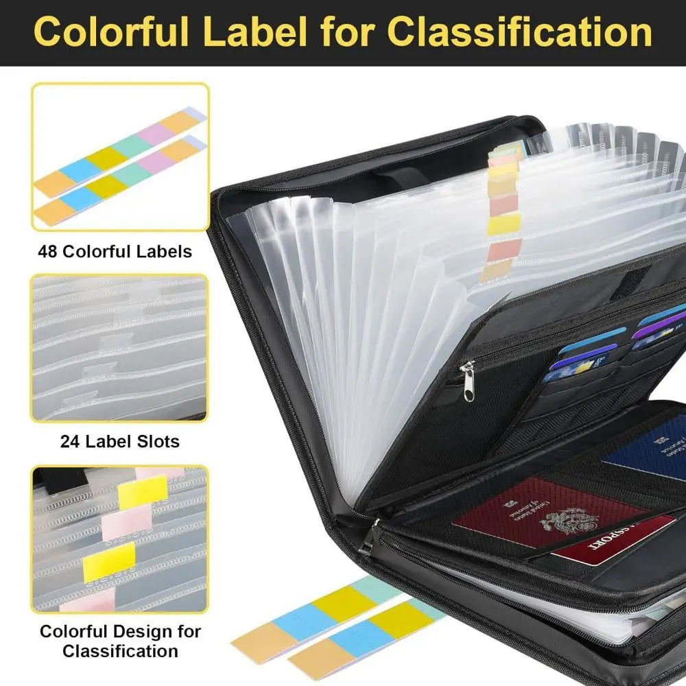 A black expanding file organizer with clear pockets and colorful labels for classification.