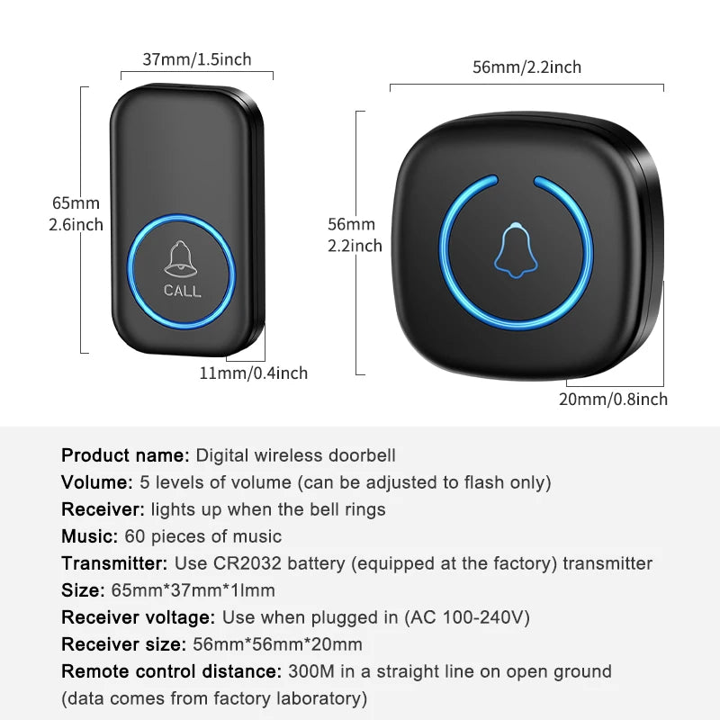 A black digital wireless doorbell unit shown in side view and top view with dimensions.