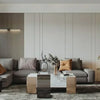 A modern living room featuring a sofa, coffee table, and decorative wall panels.