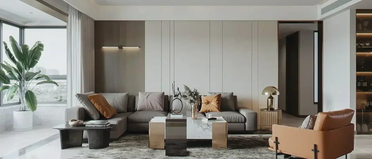 A modern living room featuring a sofa, coffee table, and decorative wall panels.