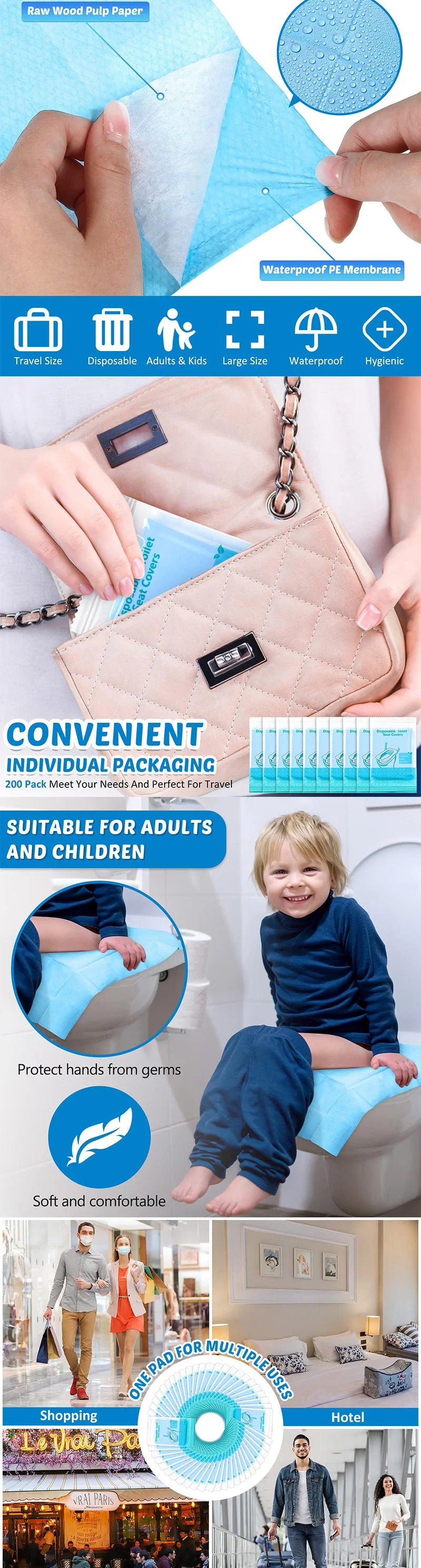 A pack of disposable toilet seat covers for adults and children shown next to a raw wood pulp paper product.