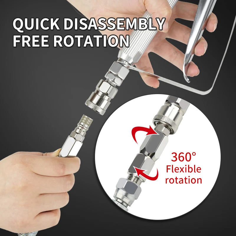 Hand holding a stainless steel swivel connector for airless spray hoses demonstrating 360 degree flexible rotation.
