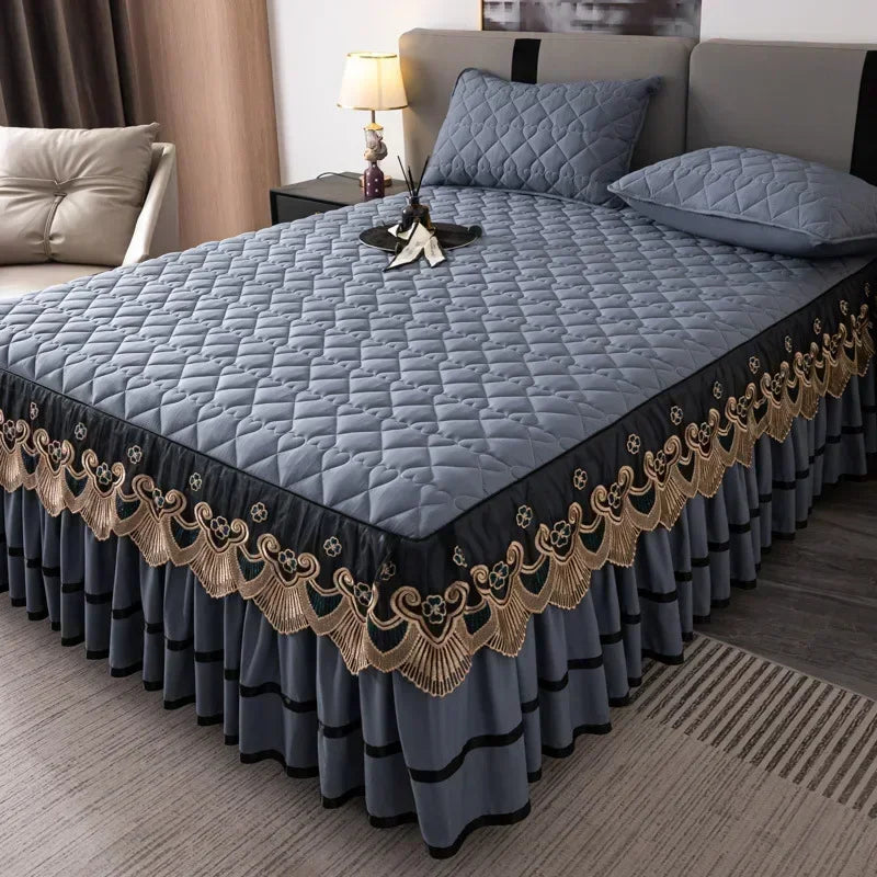 Gold Embroidered Lace Bed Skirt with Heart Pattern