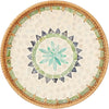 Handcrafted rattan serving tray with mother of pearl inlay featuring a geometric pattern.