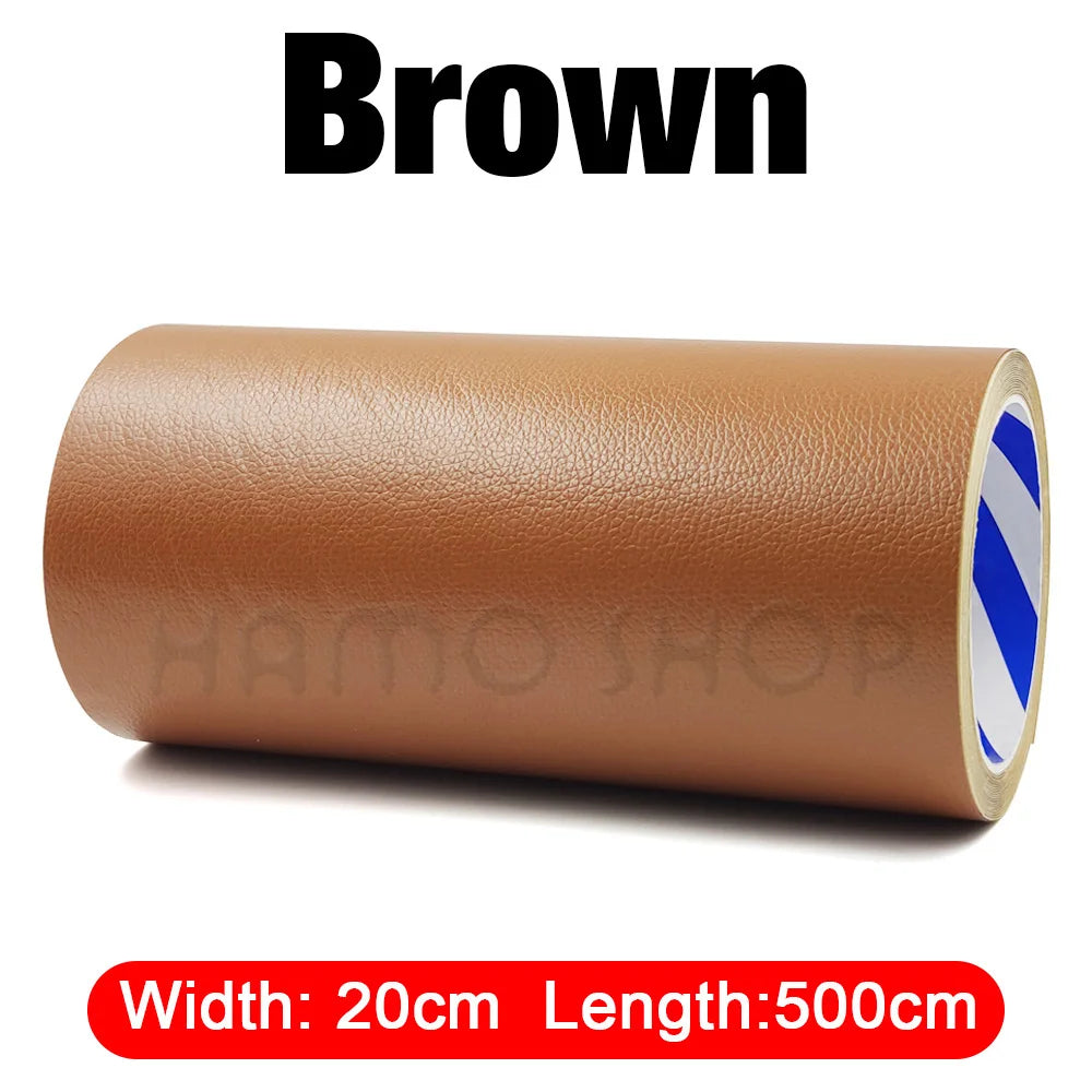 A roll of brown self-adhesive PU leather repair patch with dimensions 20cm width and 500cm length.