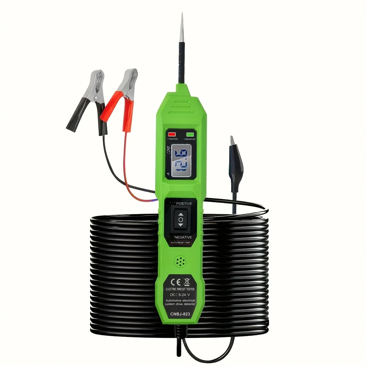 Grüner digitaler Auto-Schaltkreis-Tester mit Sonde und LED-Spannungsanzeige neben einer Spule Kabel.