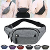 A collection of gray and black canvas waist packs shown on models and various colors.