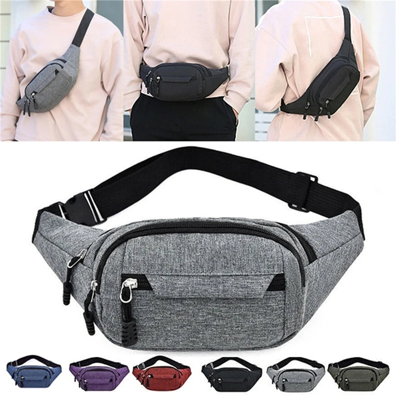 A collection of gray and black canvas waist packs shown on models and various colors.