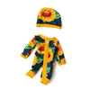 A yellow and orange sunflower patterned jumpsuit outfit for a baby doll.