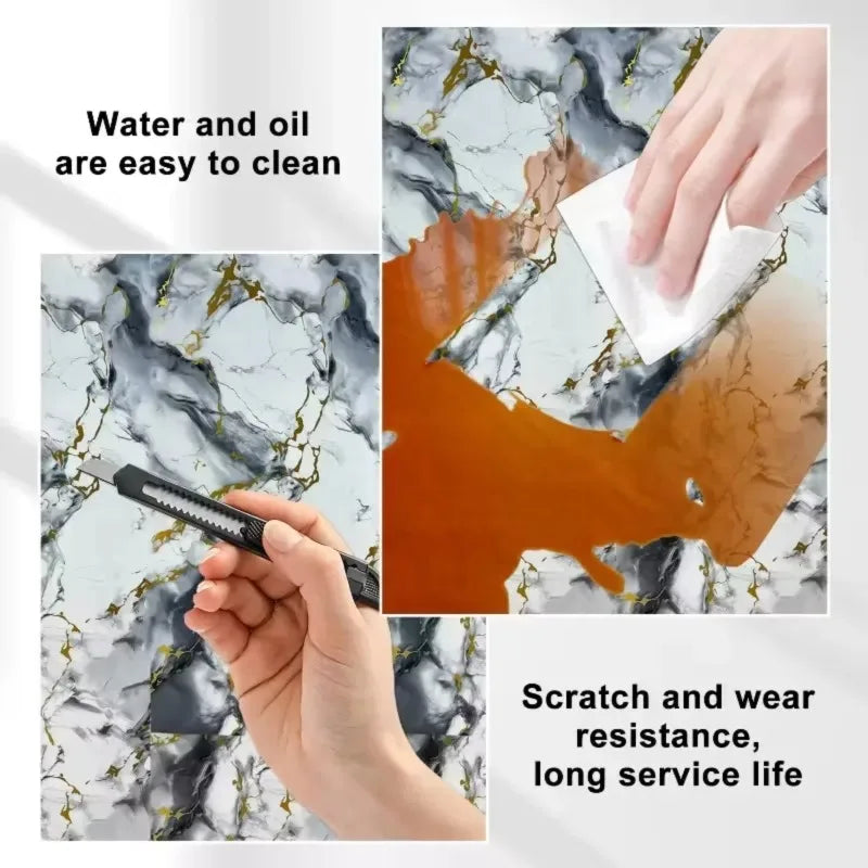 A hand cleans a marble surface with a white cloth, demonstrating the ease of cleaning for 3D marble peel-and-stick panels.