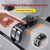 A hand demonstrates an upgradeable and telescopic seat hook used for hidden storage in a car seat.