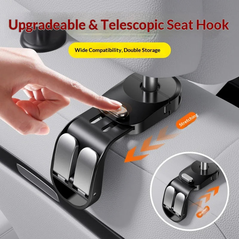 A hand demonstrates an upgradeable and telescopic seat hook used for hidden storage in a car seat.