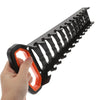 A hand holds a black heavy-duty wrench organizer tray with an orange accent, showing its slotted design.