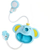 A blue elephant water spray bath toy for kids with a white nozzle and flexible hose.