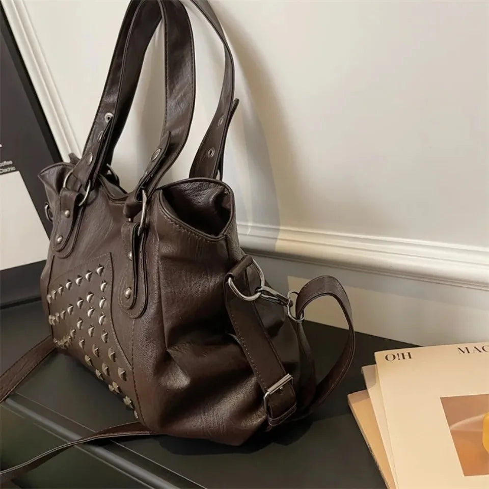 Rivet Punk Large Capacity Tote Bag with Adjustable Crossbody Strap
