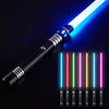 A black lightsaber with seven colored blades emitting blue, green, red, orange, and purple light.