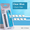 Clear Blue paper clips and a paper clipper set packaged in a clear plastic container