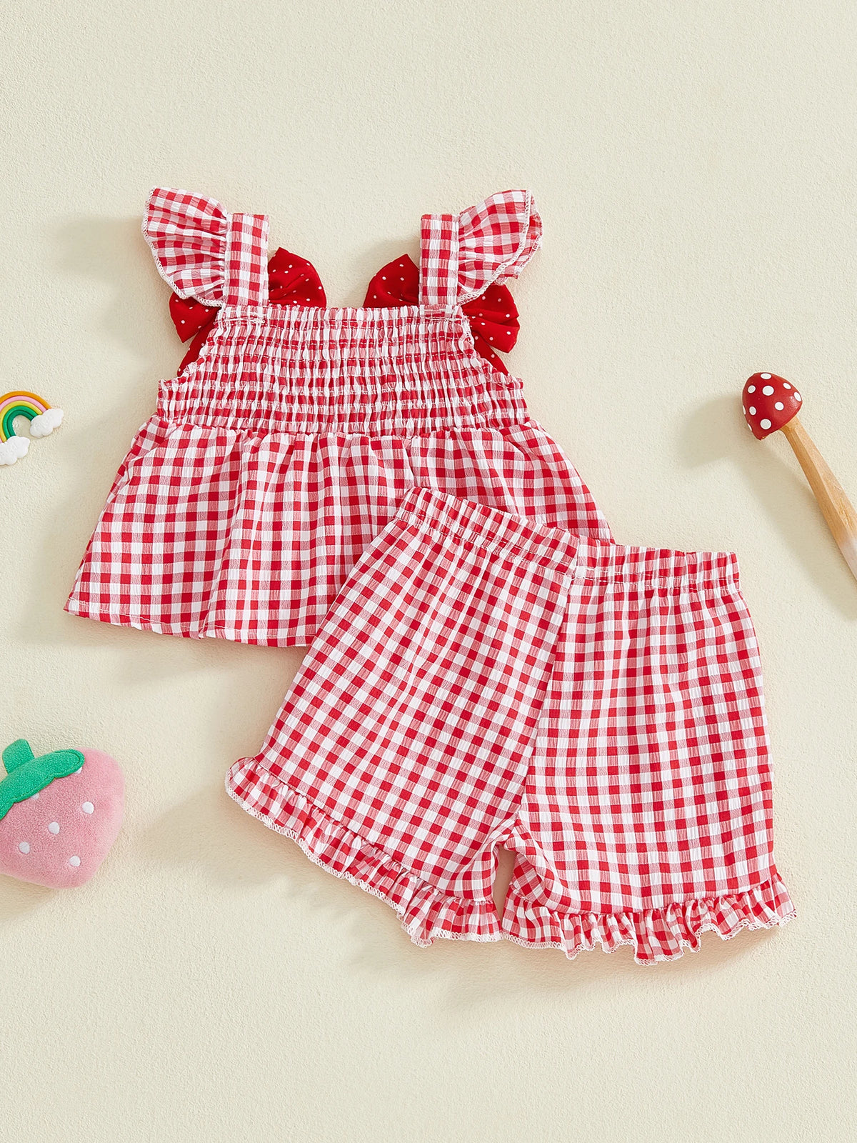 Strawberry Embroidered Plaid Tank Top and Shorts Set for Toddler Girls