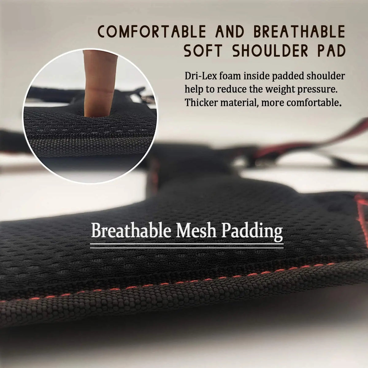 Close-up of a black breathable mesh shoulder pad for reducing weight pressure on tool belt suspenders.