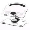 A clear acrylic tablet stand with a rotating base for holding an iPad or phone.