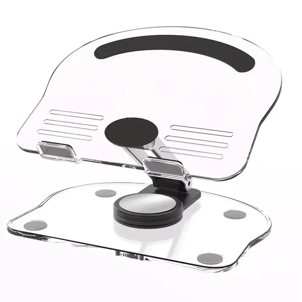 A clear acrylic tablet stand with a rotating base for holding an iPad or phone.
