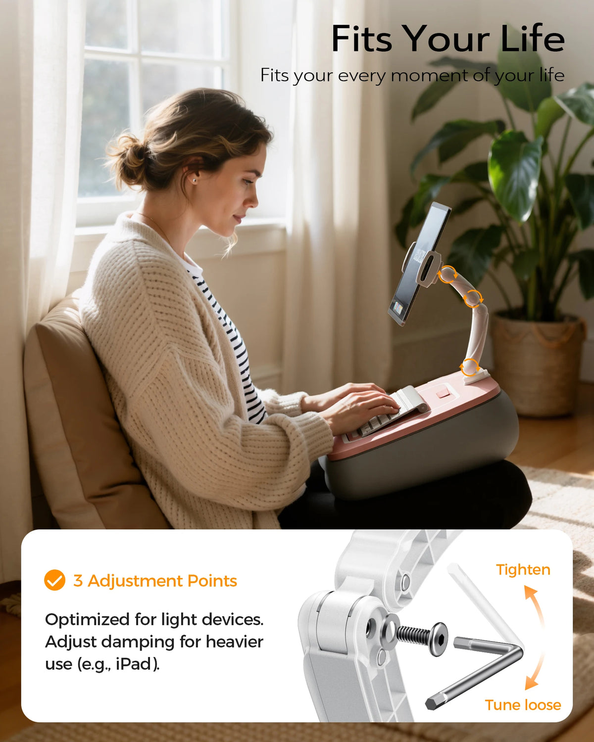 Adjustable Tablet Pillow Stand with Snack Bowl & Foldable Arm