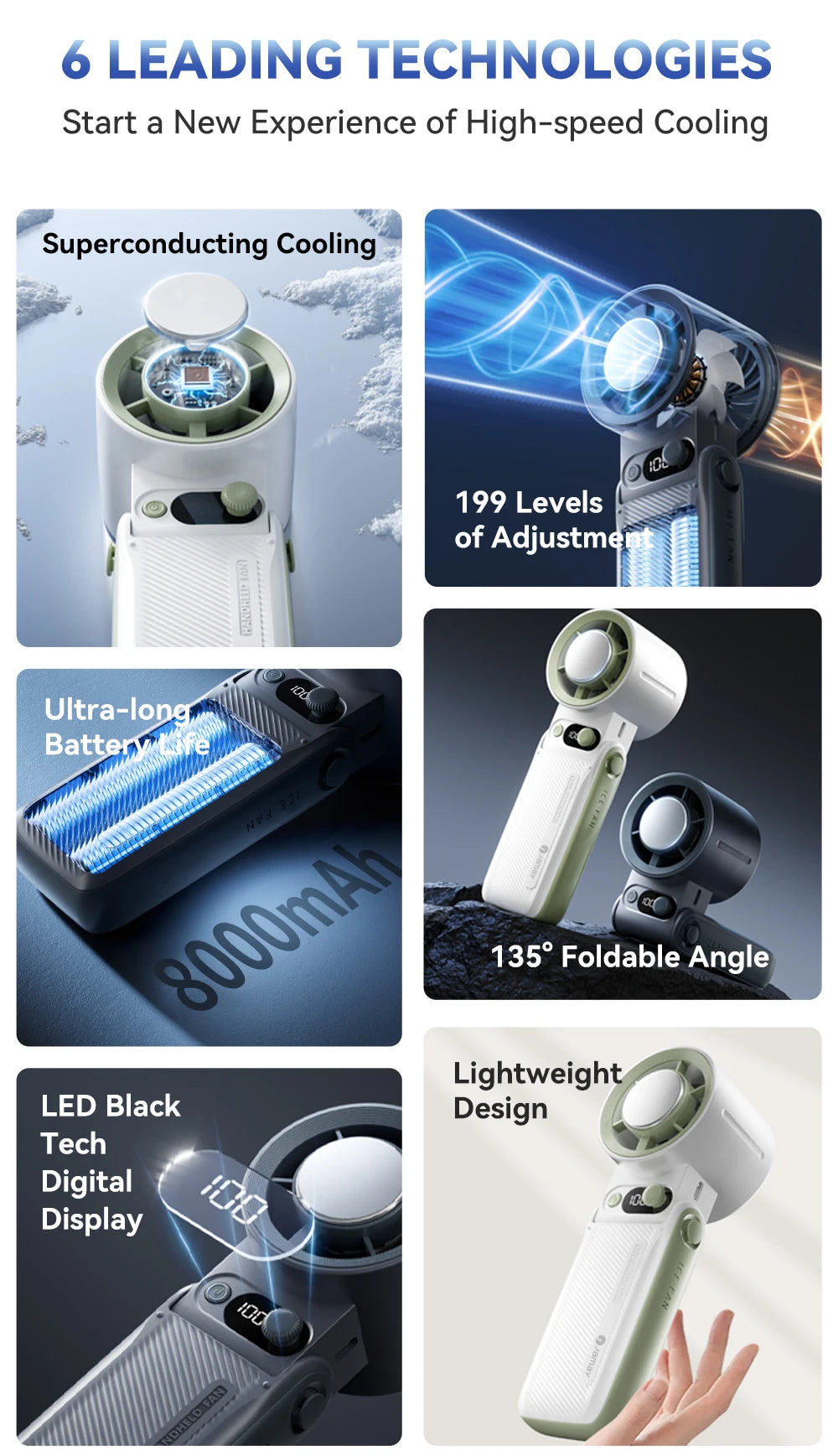 A collection of six leading high-speed cooling technologies and features for a portable handheld fan.