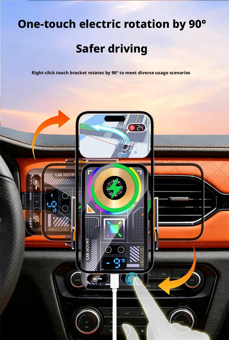 A hand is shown interacting with a car phone mount, demonstrating its one-touch electric rotation feature for safer driving.