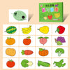 A set of wooden animal and vehicle puzzles displayed in a green box with various fruit and vegetable shapes.