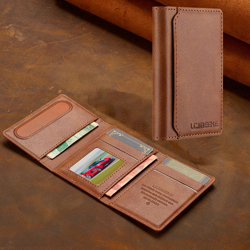 A brown leather magnetic wallet phone case with card slots and a kickstand resting on a dark surface.