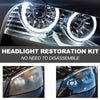 A kit for headlight restoration, showing a close-up of a restored headlight lens.