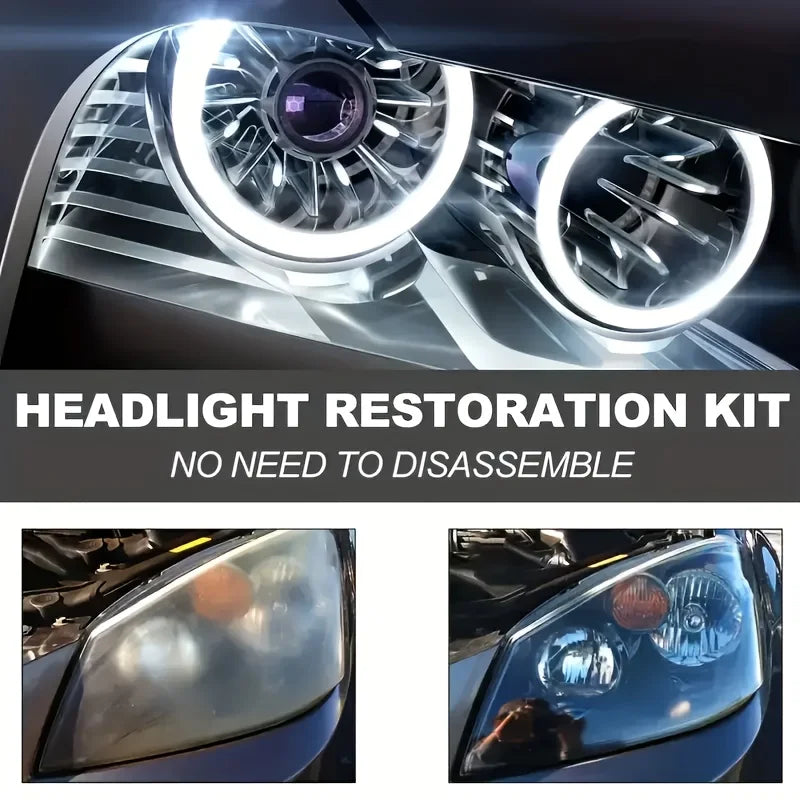 A kit for headlight restoration, showing a close-up of a restored headlight lens.