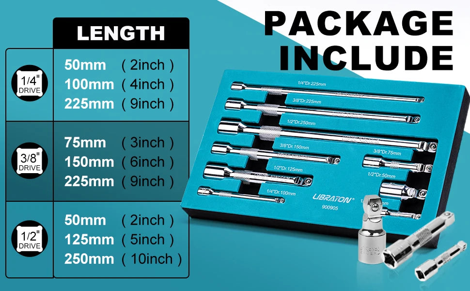 A blue package of 9-piece wobble socket extension sets with various lengths and a storage tray.