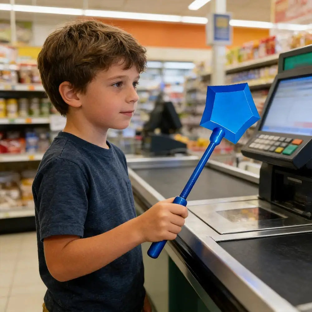A young boy is holding a blue star-shaped contactless card payment wand in a grocery store setting.