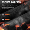 Close-up of a dark fleece fabric with text highlighting warm-keeping and comfort features for outdoor wear.