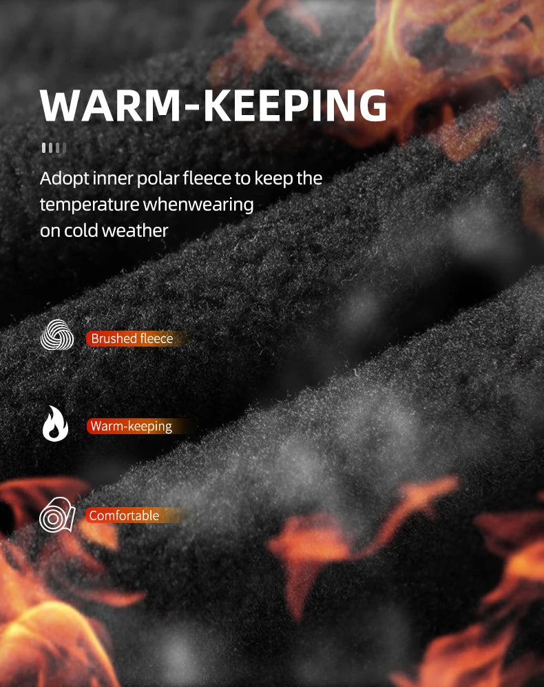 Close-up of a dark fleece fabric with text highlighting warm-keeping and comfort features for outdoor wear.