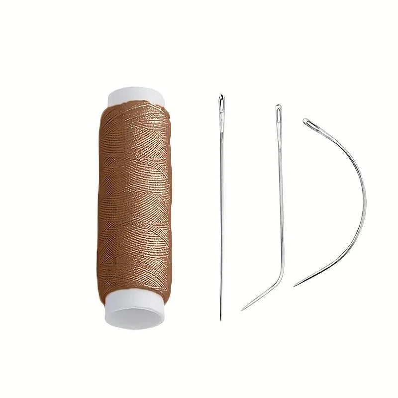 A spool of brown nylon hair weaving thread with a matching needle for hair extensions and wigs.