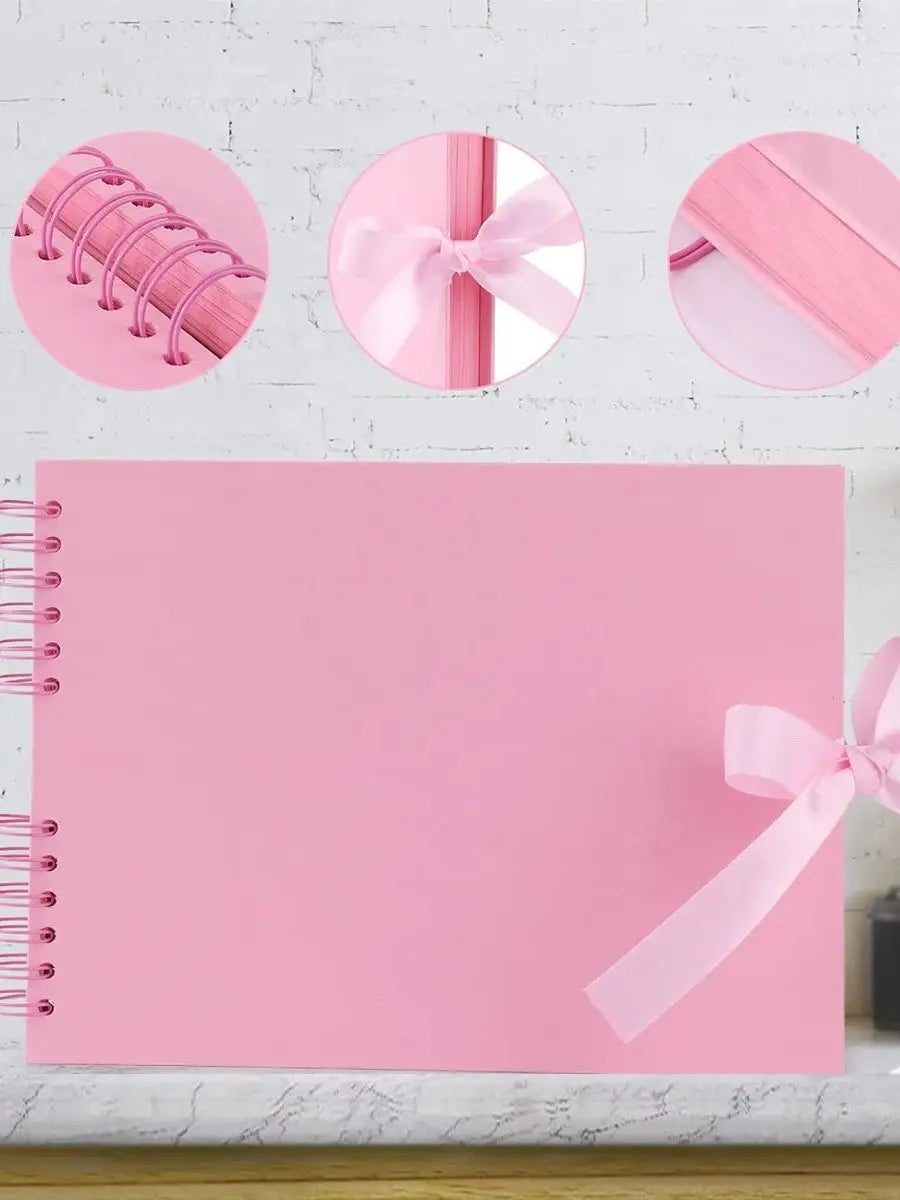 Pink scrapbook album with pink ribbon details and loose-leaf pages
