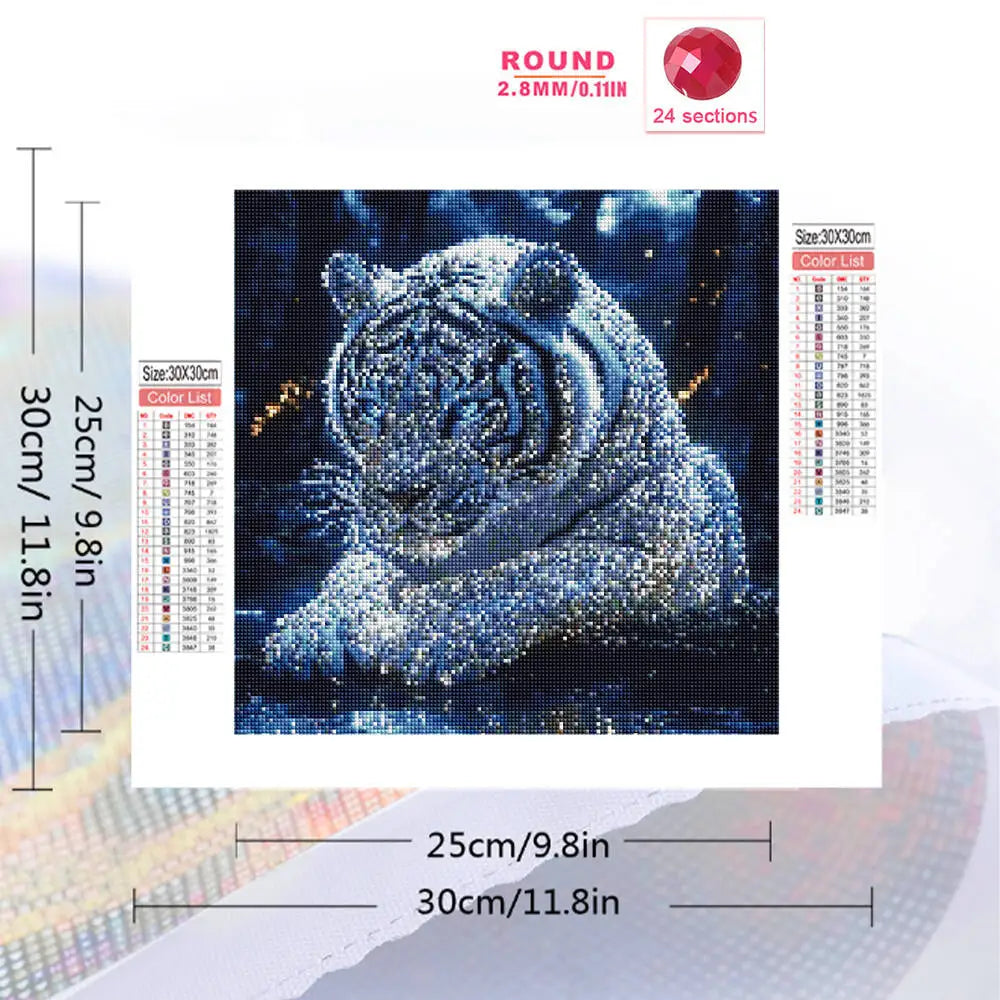A digital painting of a majestic tiger created using 24 sections of diamond painting.