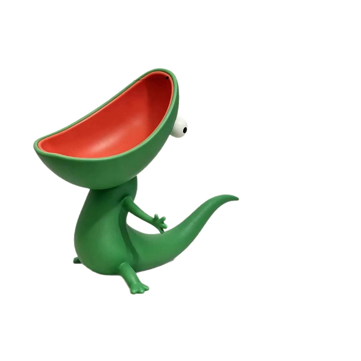 A green lizard-shaped soap holder with an open mouth design and a white eye.