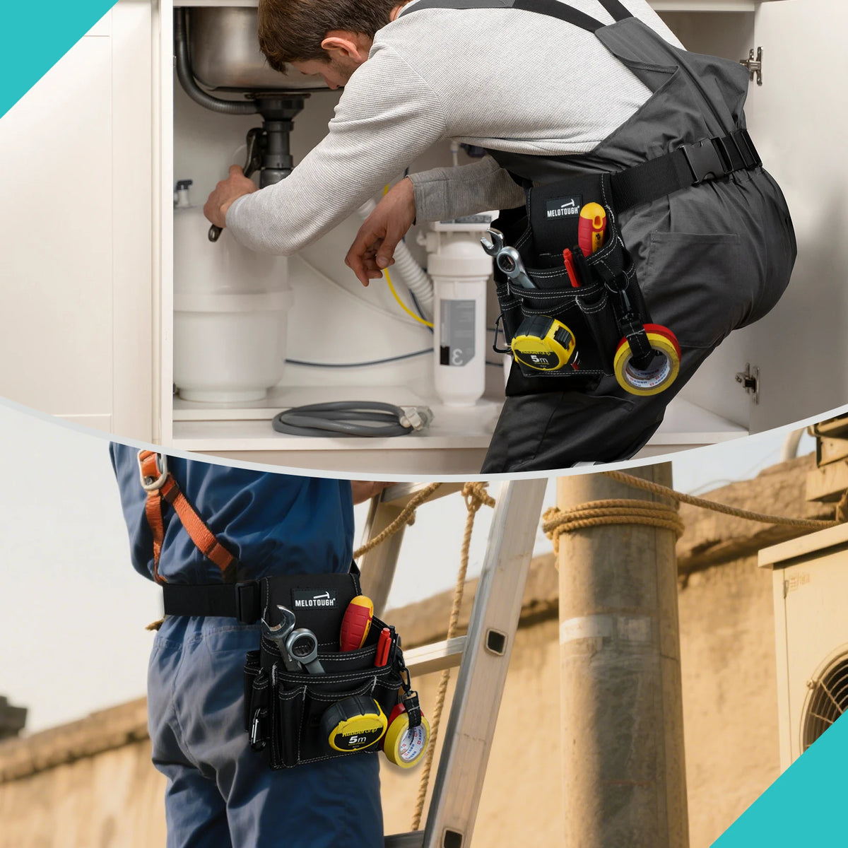 A person wearing a black tool belt is working inside a white cabinet, using tools to service plumbing or electrical component
