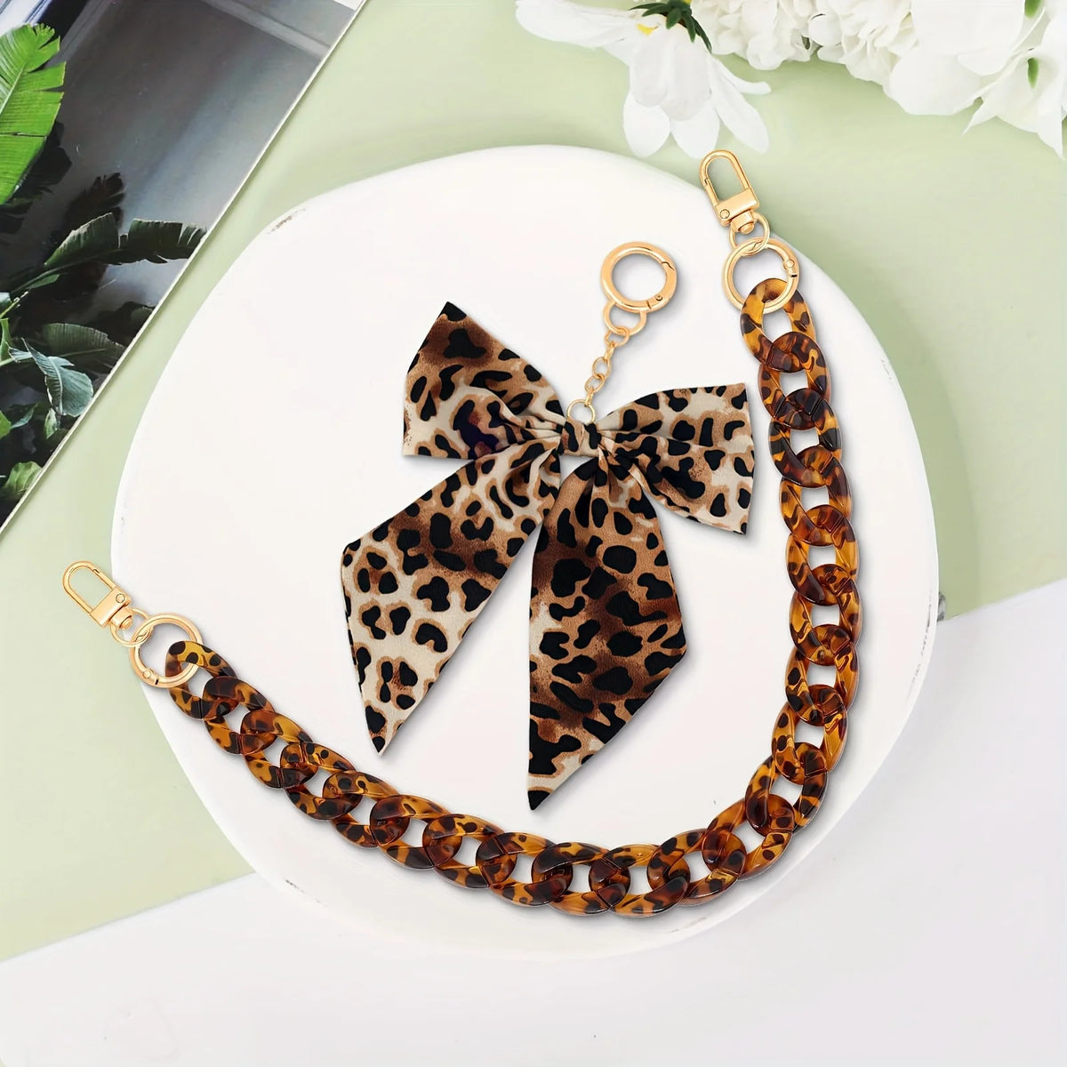 Leopard Print Acrylic Handbag Chain Strap with Bow Charm