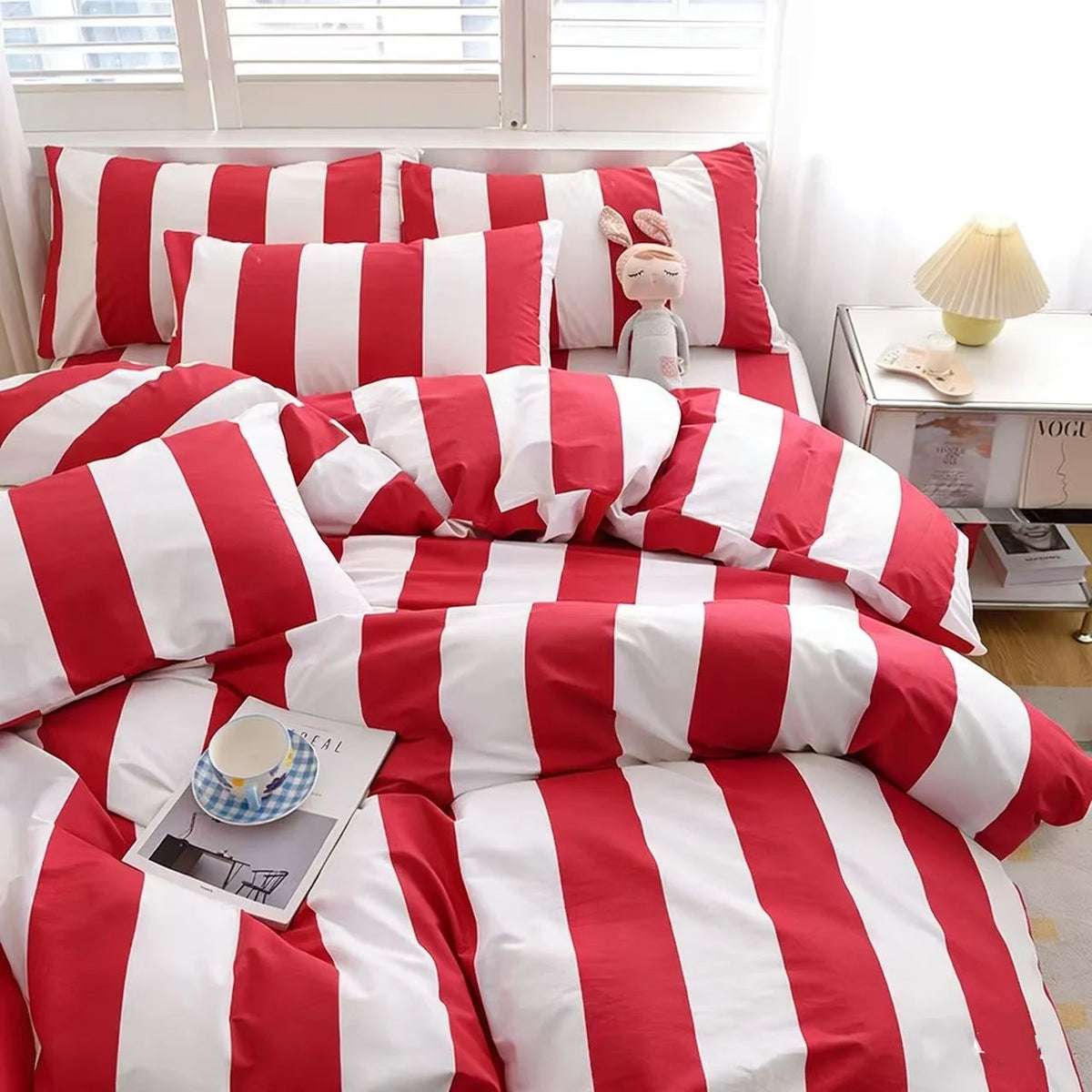 Red Striped Duvet Cover Set with Two Pillowcases