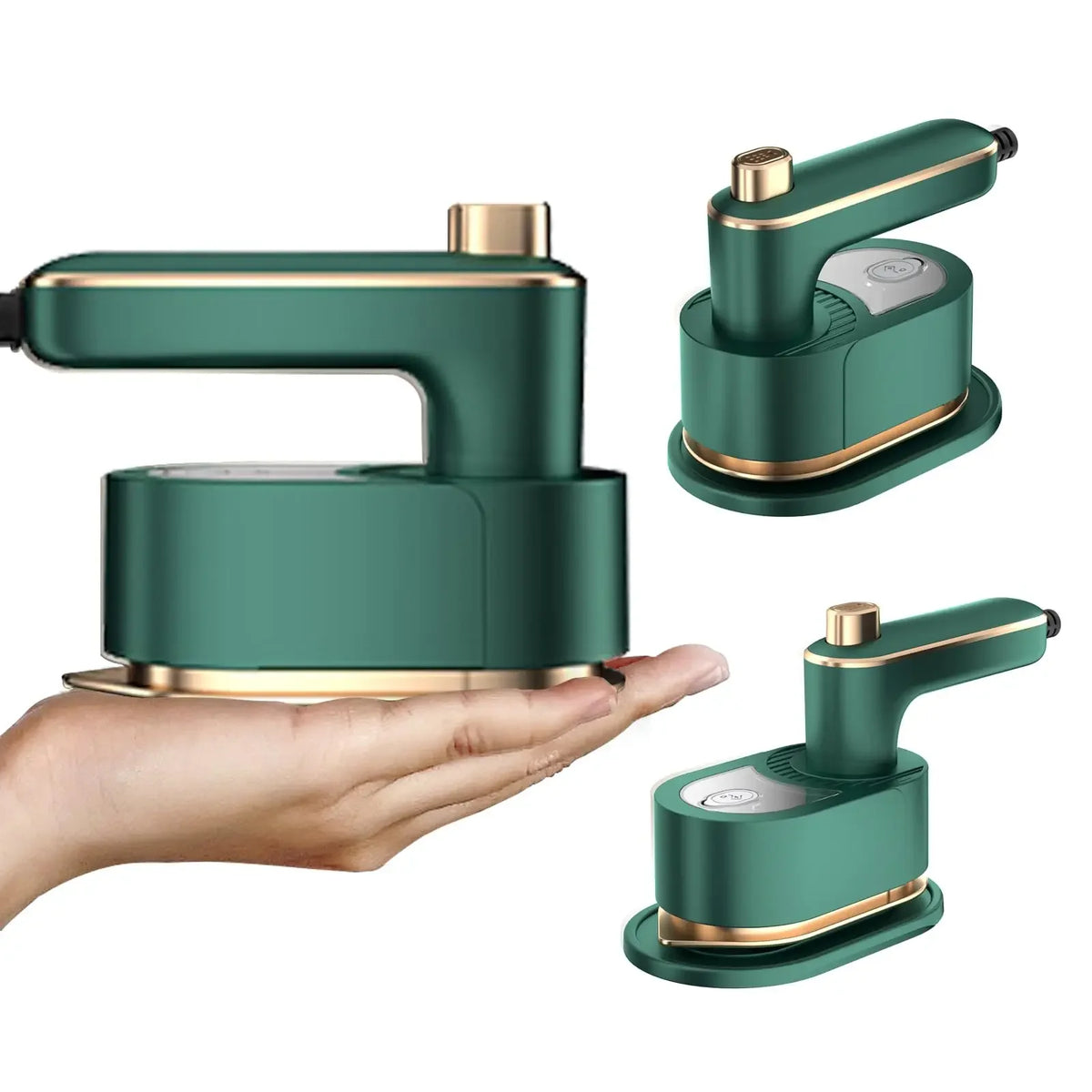 A hand is holding a portable handheld garment steamer in a dark green color with gold accents.