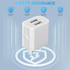White compact dual-port USB wall charger demonstrating safety assurance features like short-circuit, over-voltage, and over-c
