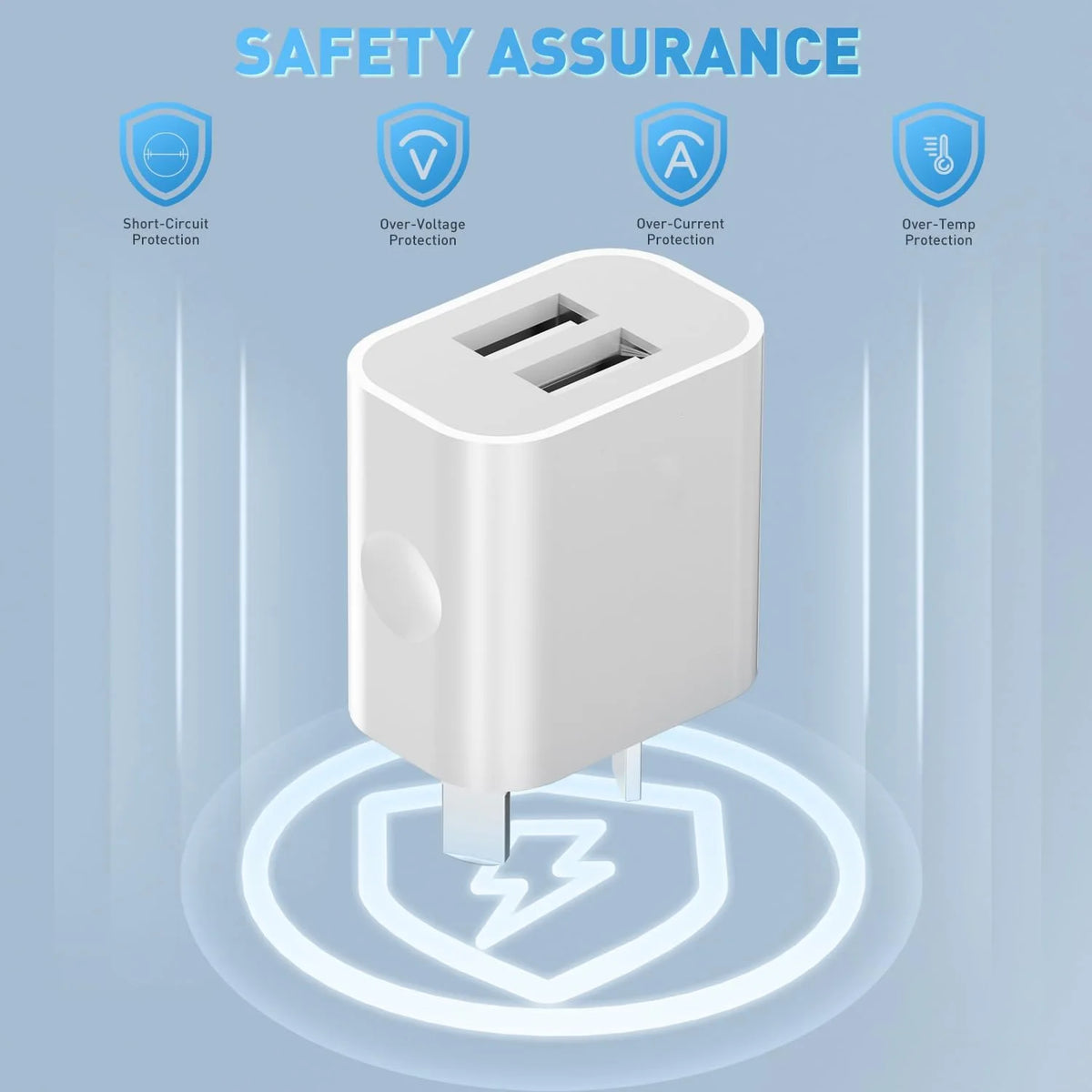 White compact dual-port USB wall charger demonstrating safety assurance features like short-circuit, over-voltage, and over-c