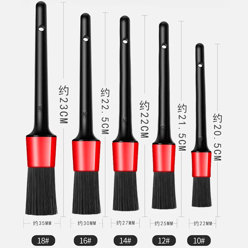 A set of car detailing brushes with various sizes and numbers shown vertically.