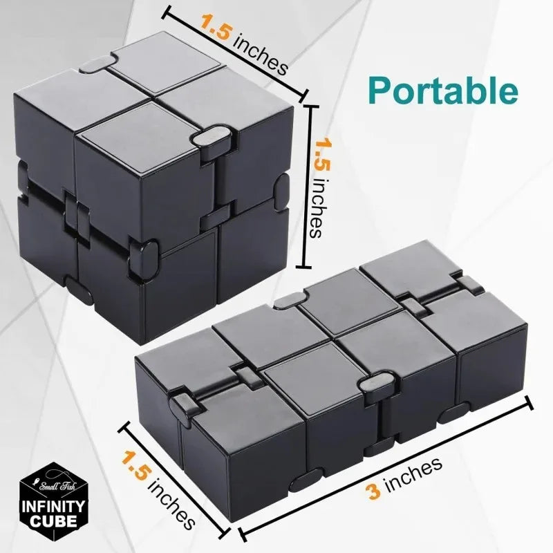 A black metal infinity cube shown from above and the side, highlighting its size and portability.