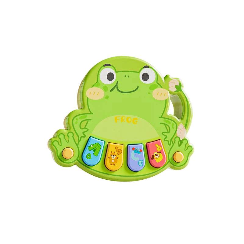 A green frog-shaped interactive piano toy for toddlers with colorful buttons.